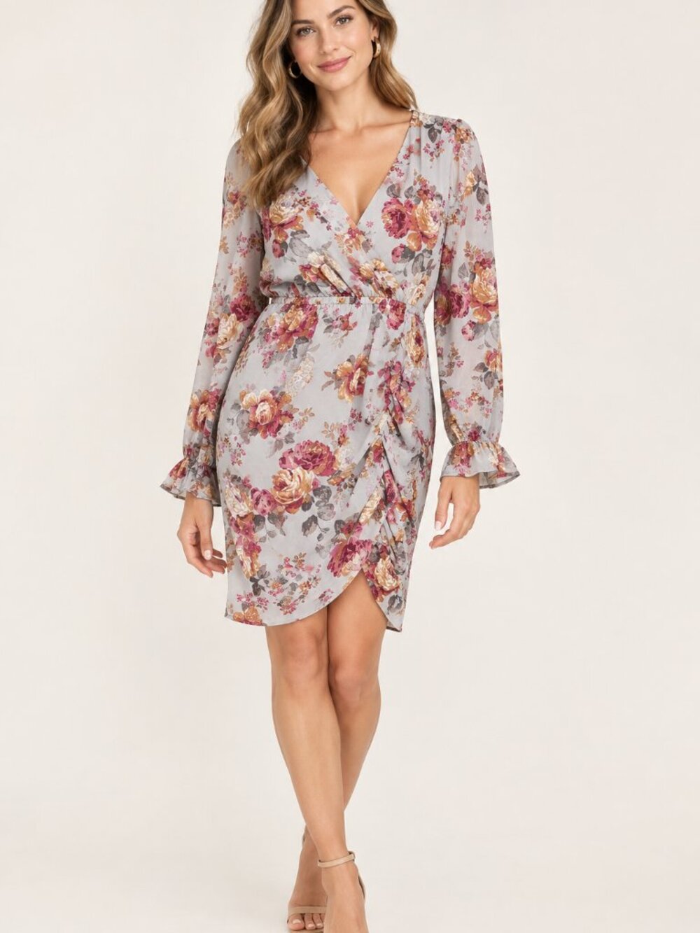 Maurices Floral Wrap Long-Sleeve Dress in Light Gray with Pink and Gold Roses